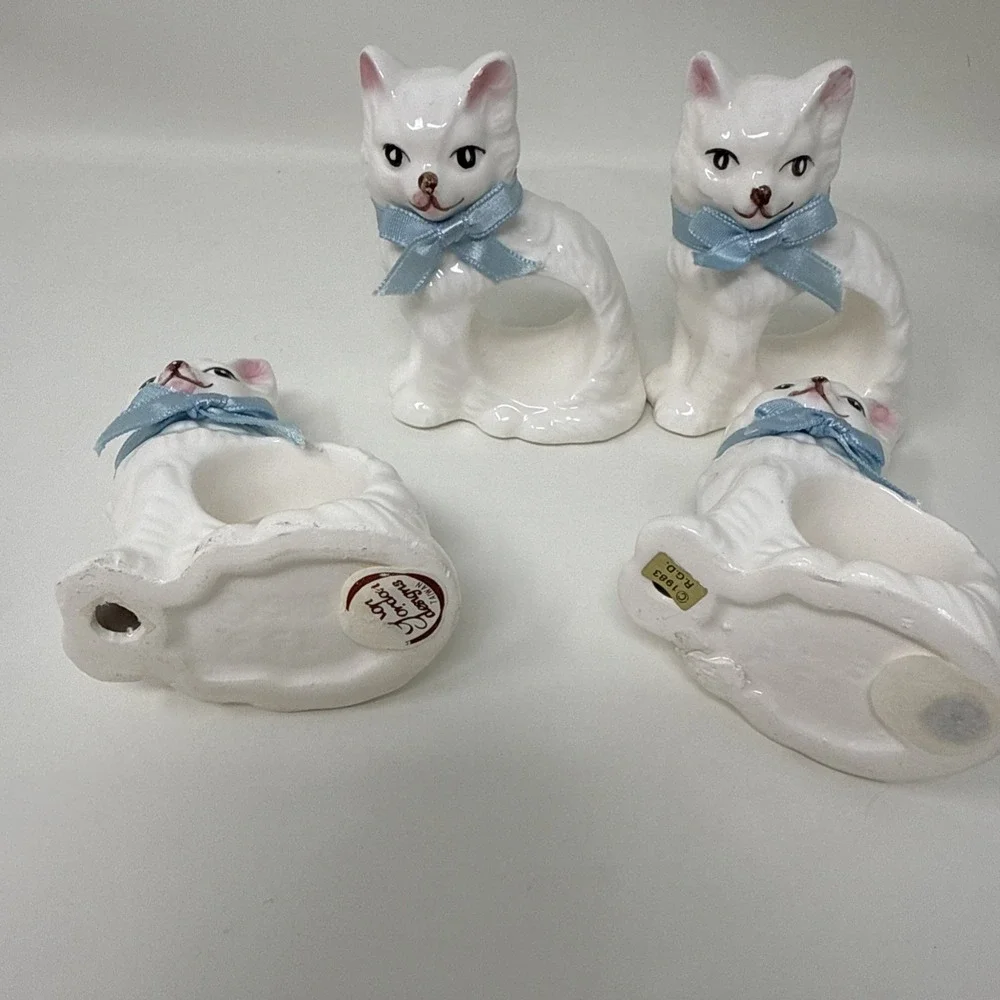 Cat Napkin Rings With Blue Bows Set Of 4 Ron Gordon Designs Ceramic 1983 Vintage